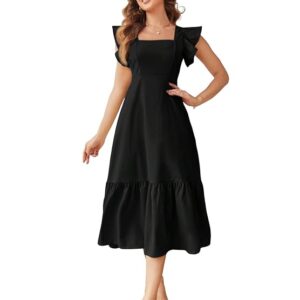 Shasmi women's black A-line midi dress with square neck and ruffle details