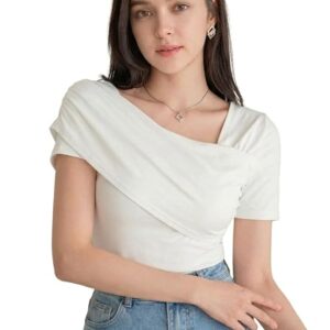 Istyle Can Women Ruched Asymmetrical Neck Stretch Top