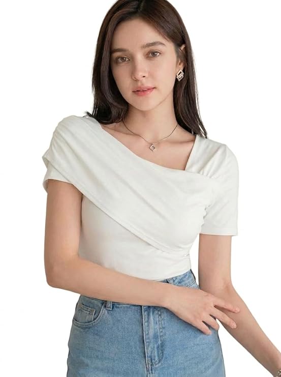 Istyle Can Women Ruched Asymmetrical Neck Stretch Top