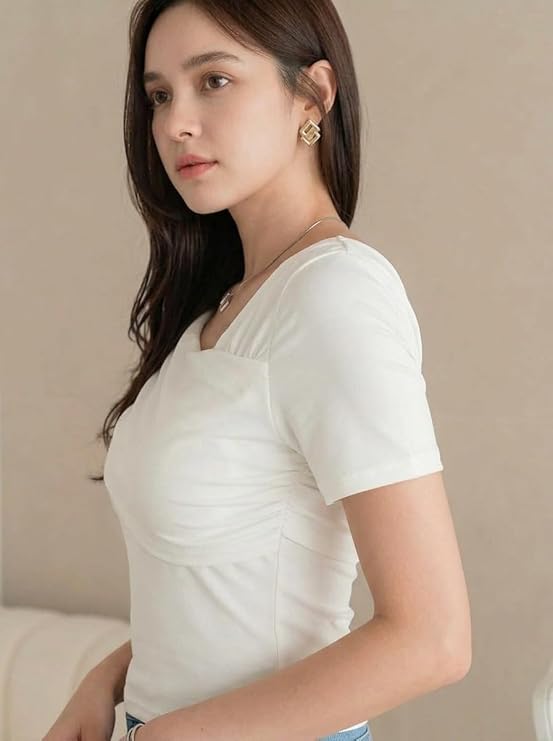 Istyle Can Women Ruched Asymmetrical Neck Stretch Top - Image 7