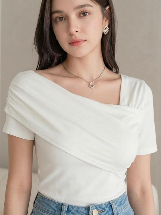 Istyle Can Women Ruched Asymmetrical Neck Stretch Top - Image 5