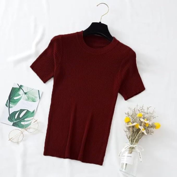 Istyle Can Women Ribbed Slim Fit Top | Stretch Cotton Knit Crew Neck T-Shirt | Solid Casual Short Sleeve Tee for Office, Layering - Image 4