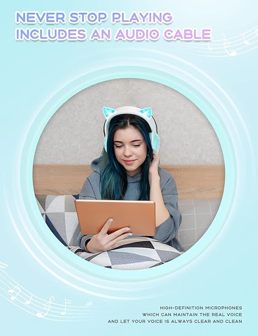 Daemon Headphones, Bluetooth Wireless Headphones for Kids Teens Adults, Over-Ear Bluetooth with Microphone, Cat Ear for Girls Women (Multi) - Image 7