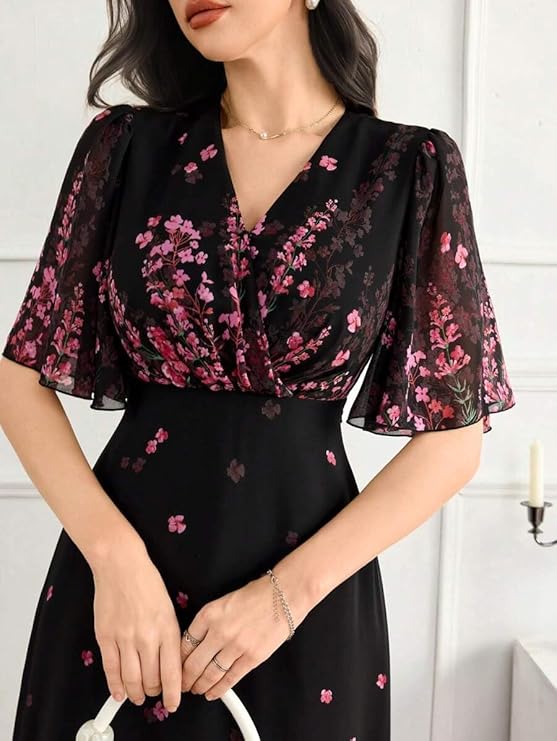 women's black georgette floral maxi dress with V-neck and flutter sleeves