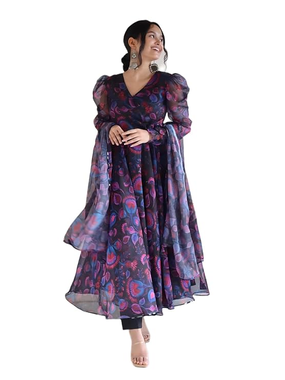Women's Georgette Anarkali Floral Digital Printed Kurta Dupatta Set