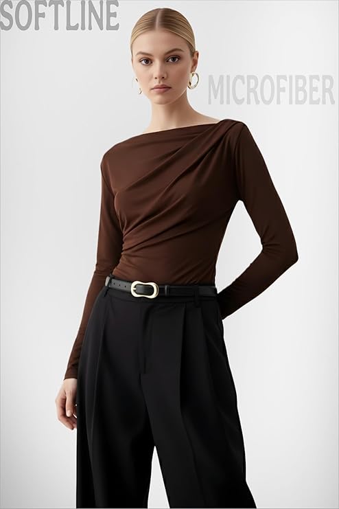 SIGHTBOMB SOFTLINE Asymmetric Boat Neck FRONTFLOW Gathered Waterfall Afford LUX Edition Formal WEAR Long Sleeve Feather Touch TOP for Women - Image 3