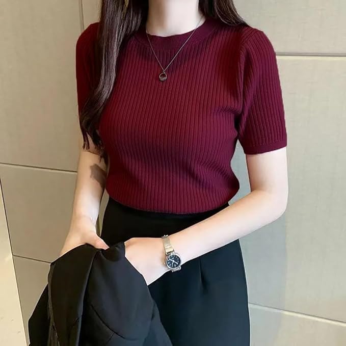 Istyle Can Women Ribbed Slim Fit Top | Stretch Cotton Knit Crew Neck T-Shirt | Solid Casual Short Sleeve Tee for Office, Layering - Image 5