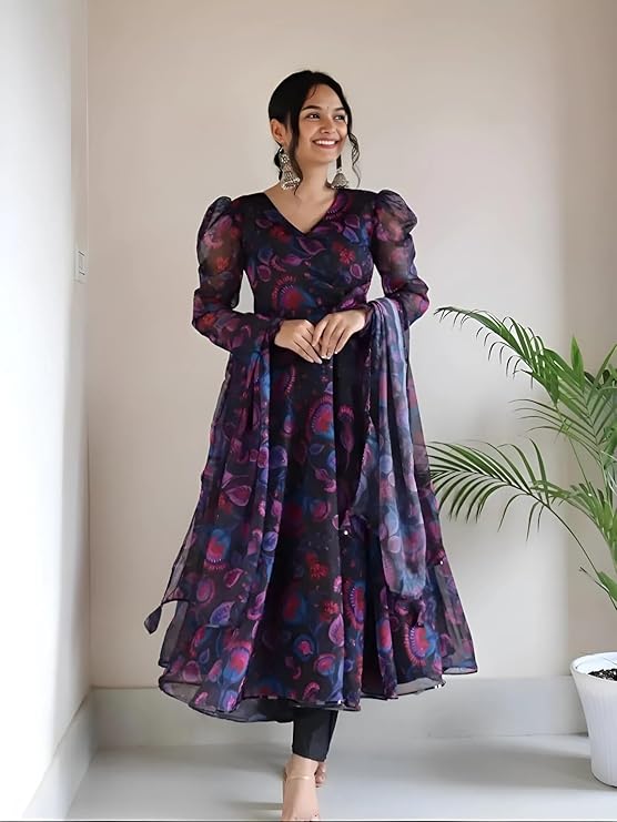 Women's Georgette Anarkali Floral Digital Printed Kurta Dupatta Set - Image 7