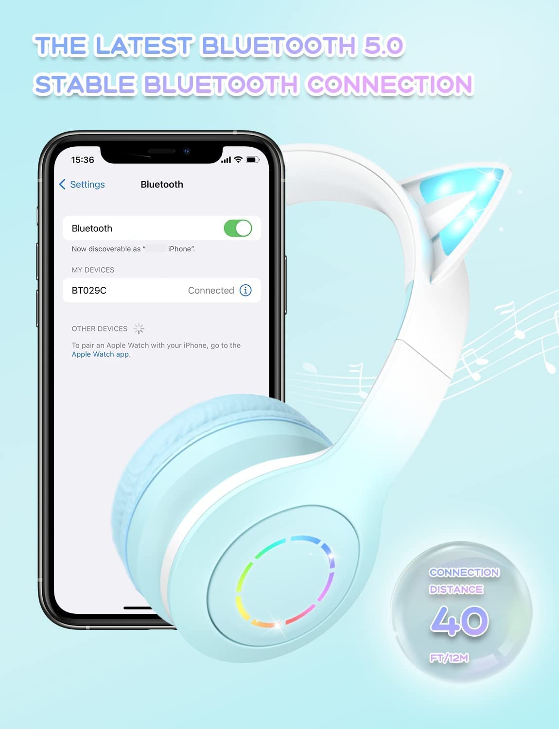 Daemon Headphones, Bluetooth Wireless Headphones for Kids Teens Adults, Over-Ear Bluetooth with Microphone, Cat Ear for Girls Women (Multi) - Image 9
