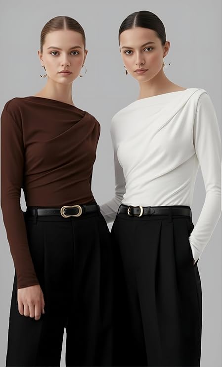 SIGHTBOMB SOFTLINE Asymmetric Boat Neck FRONTFLOW Gathered Waterfall Afford LUX Edition Formal WEAR Long Sleeve Feather Touch TOP for Women - Image 6