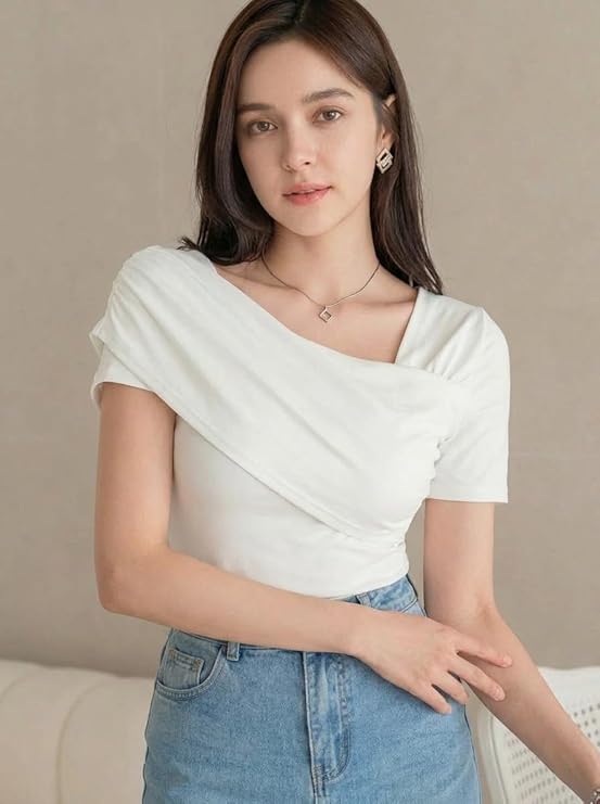 Istyle Can Women Ruched Asymmetrical Neck Stretch Top - Image 8