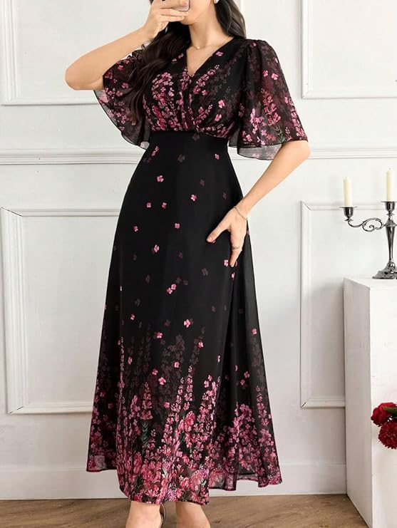 women's black georgette floral maxi dress with V-neck and flutter sleeves
