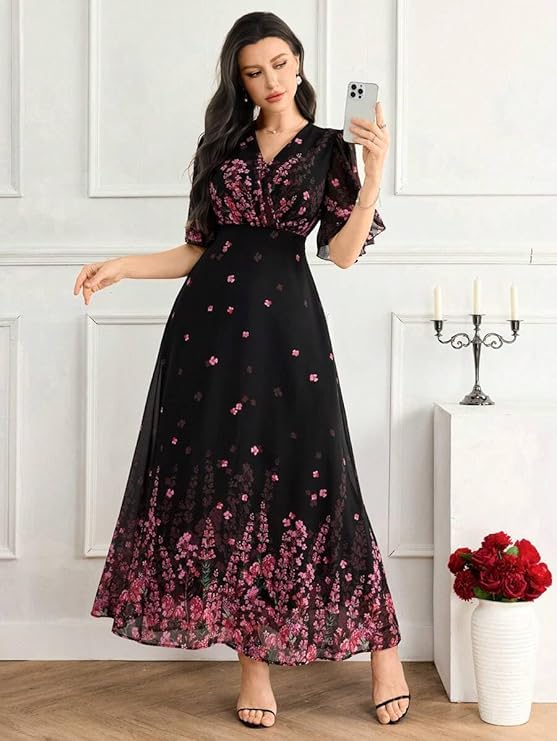 women's black georgette floral maxi dress with V-neck and flutter sleeves