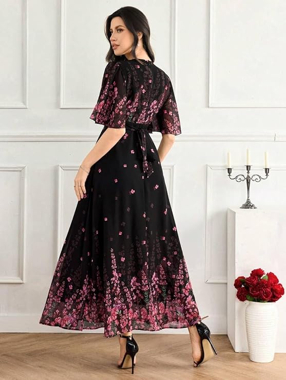 women's black georgette floral maxi dress with V-neck and flutter sleeves