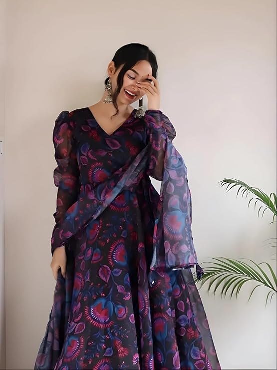 Women's Georgette Anarkali Floral Digital Printed Kurta Dupatta Set - Image 5