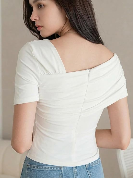 Istyle Can Women Ruched Asymmetrical Neck Stretch Top - Image 3