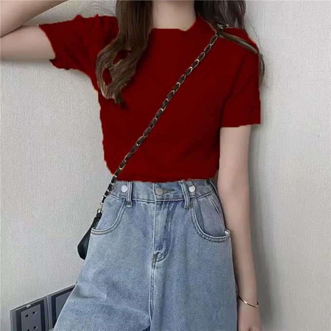 Istyle Can Women Ribbed Slim Fit Top | Stretch Cotton Knit Crew Neck T-Shirt | Solid Casual Short Sleeve Tee for Office, Layering - Image 3