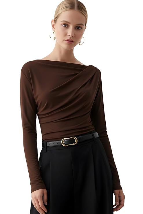 SIGHTBOMB SOFTLINE Asymmetric Boat Neck FRONTFLOW Gathered Waterfall Afford LUX Edition Formal WEAR Long Sleeve Feather Touch TOP for Women