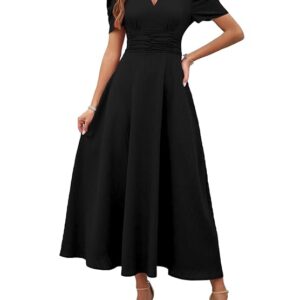 Shasmi Girl's & Women's Solid Color V-Neck A-Line Maxi Dress for Women | New Year Party Outfit | Waist Cinched Puff Sleeve Western | Elegant Casual Wear (Dress 246)