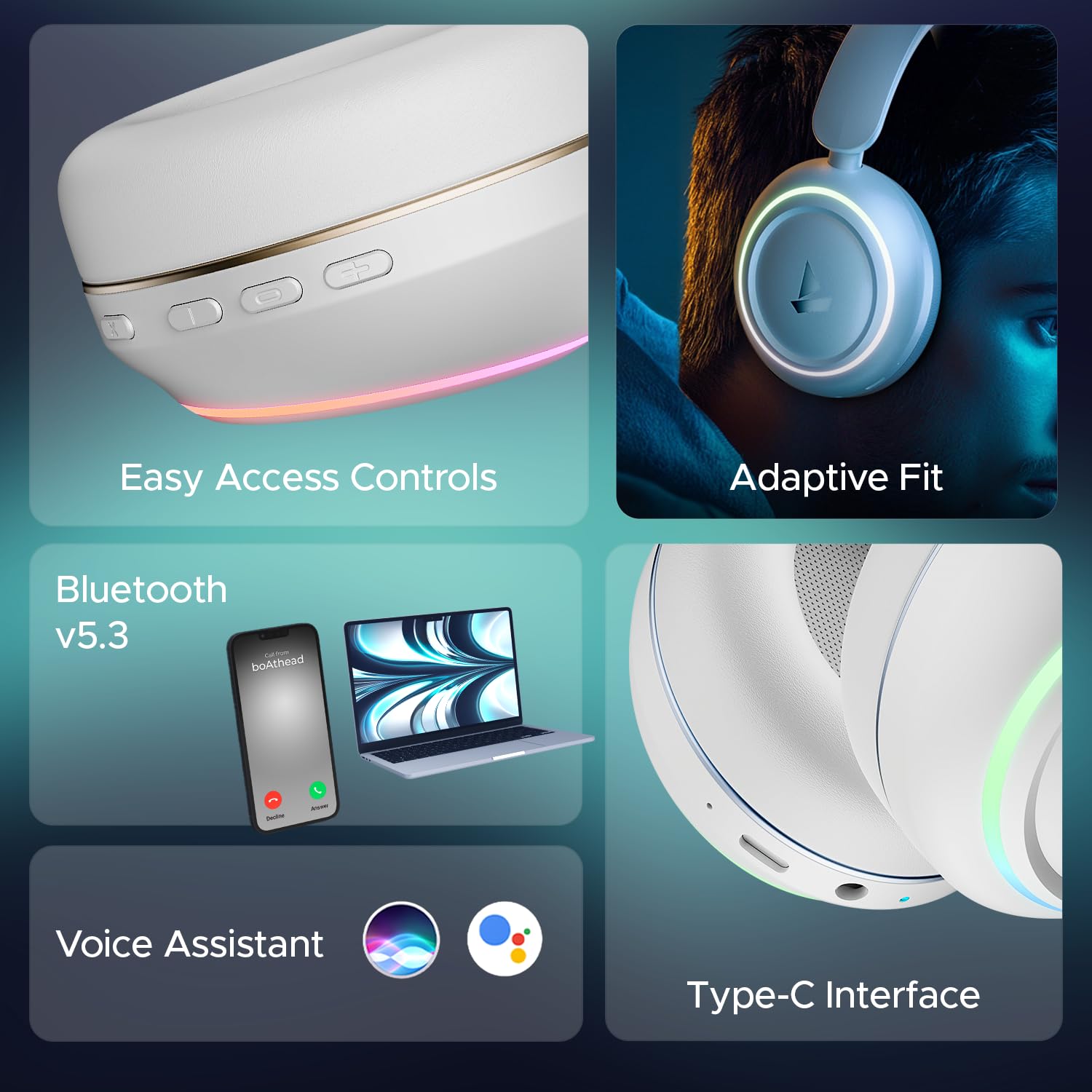 boAt Rockerz 480, RGB LEDs,6 Light Modes, 40mm Drivers,Beast Mode, 60H Battery, ENx Tech, Stream Ad Free Music via App Support, Bluetooth Headphones, Wireless Over Ear Headphone with Mic (White Sabre) - Image 8