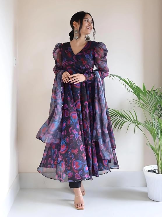 Women's Georgette Anarkali Floral Digital Printed Kurta Dupatta Set - Image 3