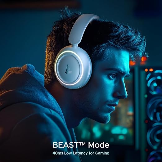 boAt Rockerz 480, RGB LEDs,6 Light Modes, 40mm Drivers,Beast Mode, 60H Battery, ENx Tech, Stream Ad Free Music via App Support, Bluetooth Headphones, Wireless Over Ear Headphone with Mic (White Sabre) - Image 4