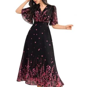 women's black georgette floral maxi dress with V-neck and flutter sleeves