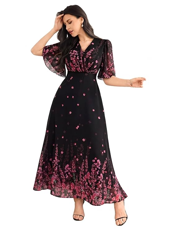 women's black georgette floral maxi dress with V-neck and flutter sleeves