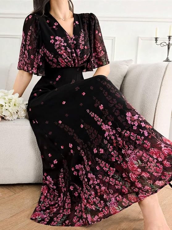 women's black georgette floral maxi dress with V-neck and flutter sleeves