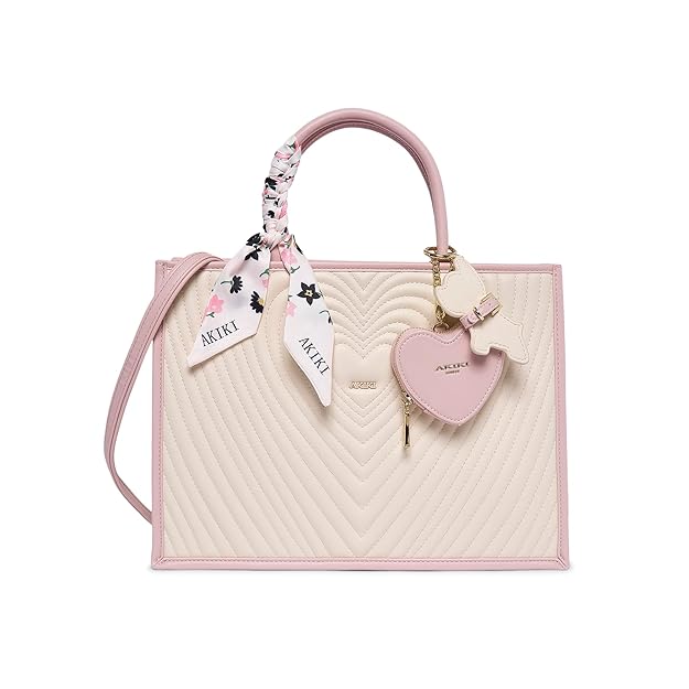 Women’s Beige Heart-Shaped Quilted Satchel Handbag with Detachable Pouch