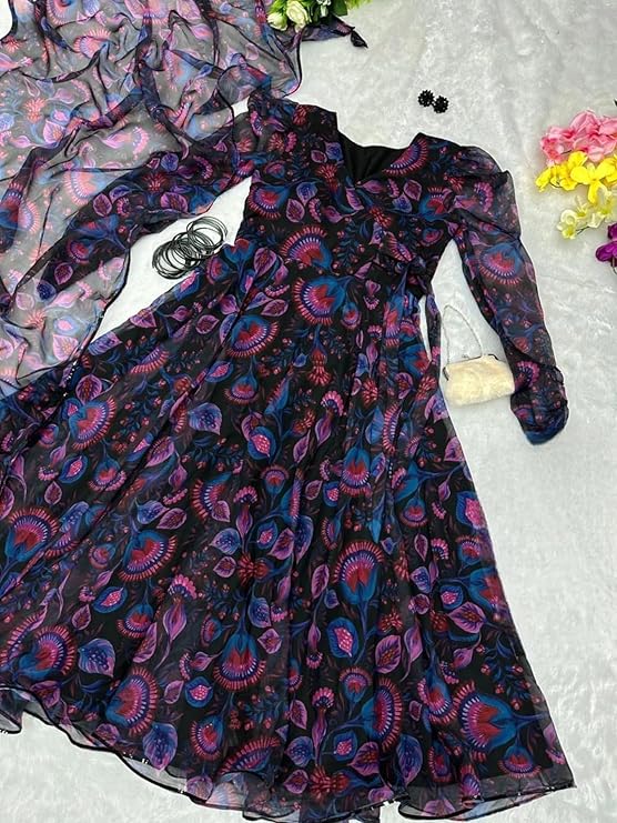 Women's Georgette Anarkali Floral Digital Printed Kurta Dupatta Set - Image 6