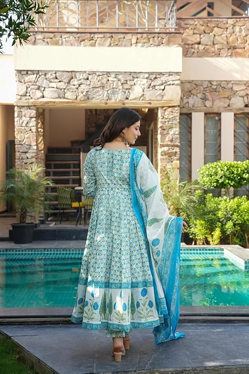 GoSriKi Women's Rayon Viscose Printed Anarkali Kurta with Pant & Dupatta | Anarkali Suit for Women | Pure Cotton Suit Set for Women | Block Print Kurta Palazzo Dupatta Set - Image 3