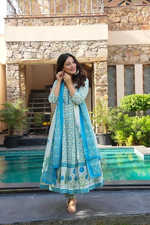 GoSriKi Women's Rayon Viscose Printed Anarkali Kurta with Pant & Dupatta | Anarkali Suit for Women | Pure Cotton Suit Set for Women | Block Print Kurta Palazzo Dupatta Set - Image 4
