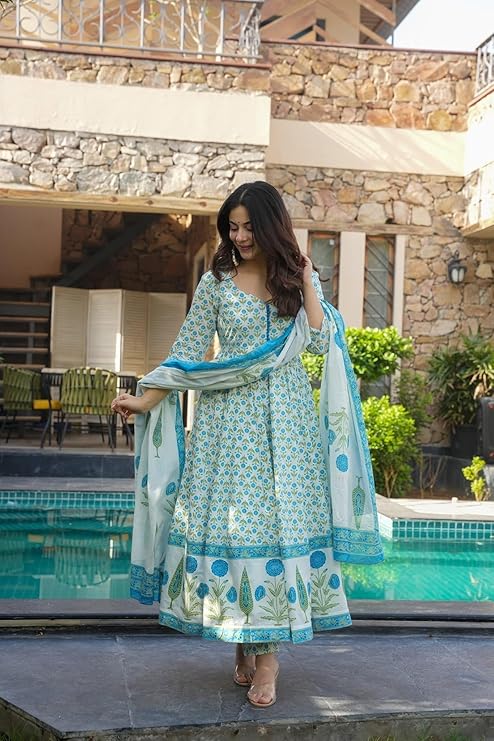 GoSriKi Women's Rayon Viscose Printed Anarkali Kurta with Pant & Dupatta | Anarkali Suit for Women | Pure Cotton Suit Set for Women | Block Print Kurta Palazzo Dupatta Set - Image 5
