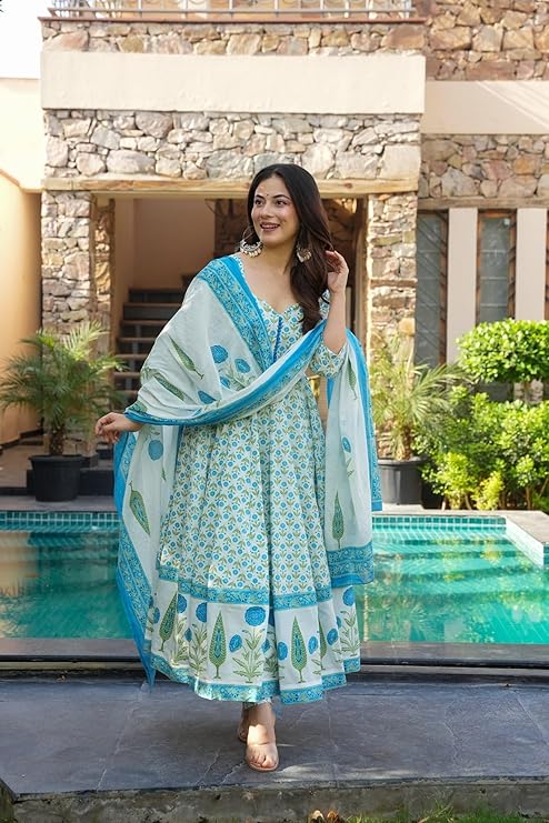 GoSriKi Women's Rayon Viscose Printed Anarkali Kurta with Pant & Dupatta | Anarkali Suit for Women | Pure Cotton Suit Set for Women | Block Print Kurta Palazzo Dupatta Set - Image 8