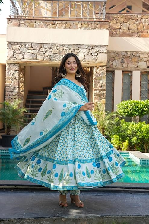 GoSriKi Women's Rayon Viscose Printed Anarkali Kurta with Pant & Dupatta | Anarkali Suit for Women | Pure Cotton Suit Set for Women | Block Print Kurta Palazzo Dupatta Set - Image 6