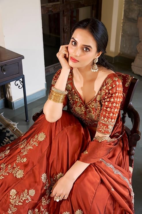 Orange Sequin Embroidery Silk Lehenga Choli for Women – Semi-Stitched Ethnic Wear