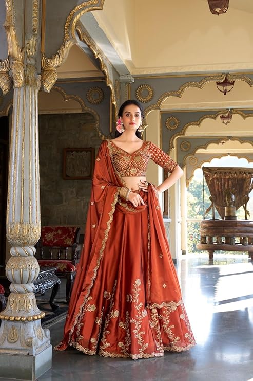 Orange Sequin Embroidery Silk Lehenga Choli for Women – Semi-Stitched Ethnic Wear