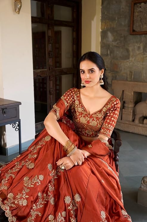 Orange Sequin Embroidery Silk Lehenga Choli for Women – Semi-Stitched Ethnic Wear