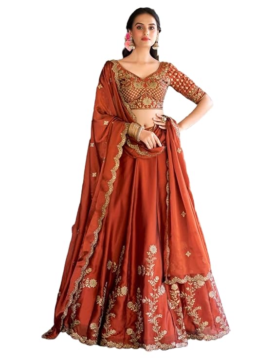 Orange Sequin Embroidery Silk Lehenga Choli for Women – Semi-Stitched Ethnic Wear