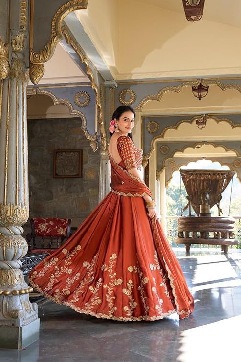 Orange Sequin Embroidery Silk Lehenga Choli for Women – Semi-Stitched Ethnic Wear