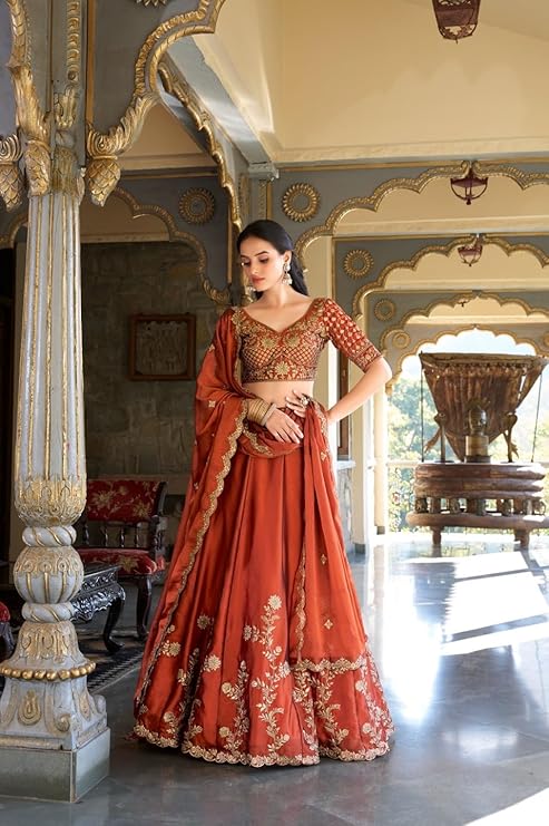 Orange Sequin Embroidery Silk Lehenga Choli for Women – Semi-Stitched Ethnic Wear